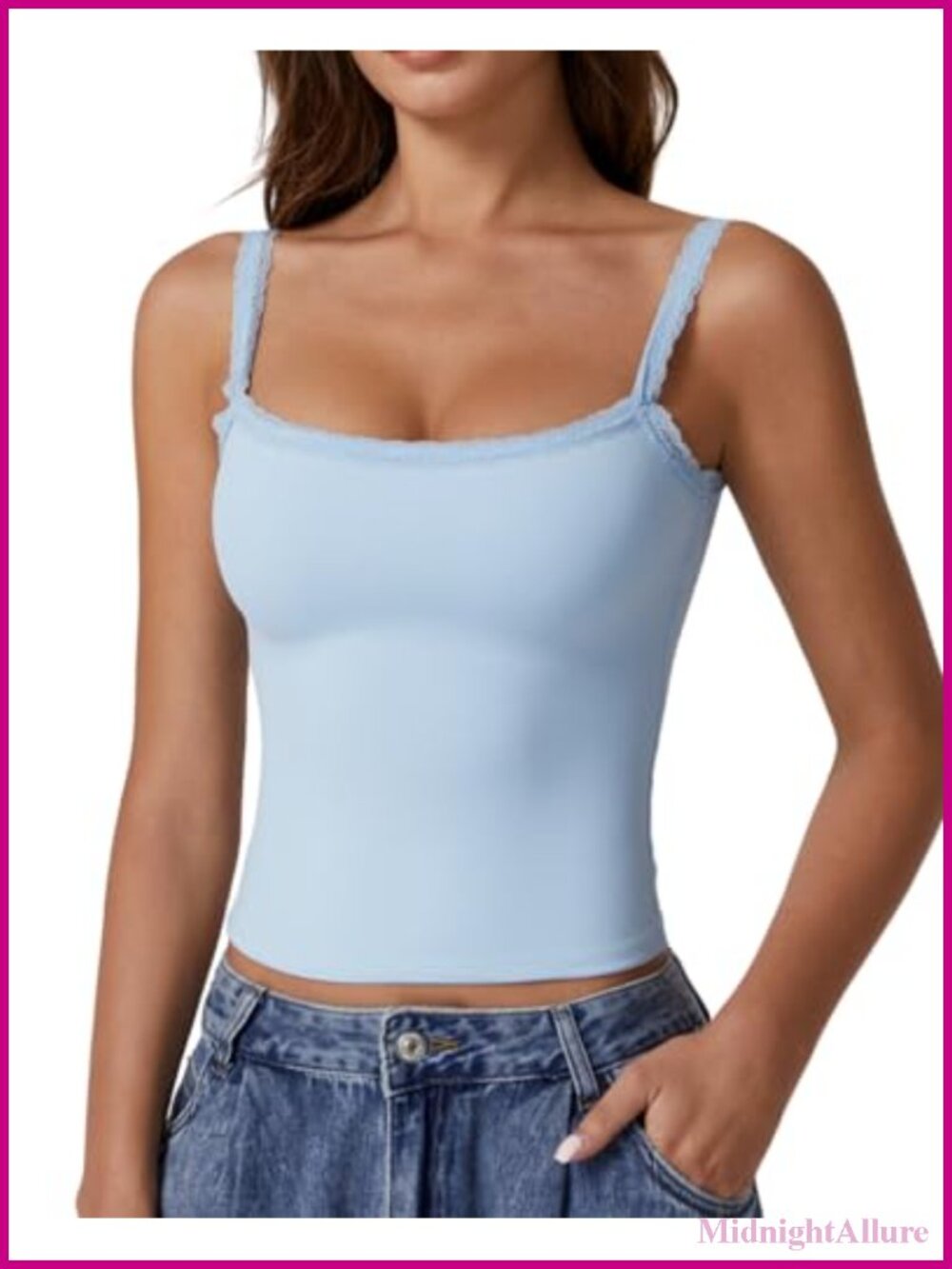 Women's Square Neck Lace Trim Tank Top Double Lined Slim Fitted Y2K Camisole